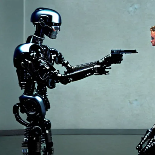 Prompt: johnny 5 dueling robocop and the terminator, cinematic, movie still