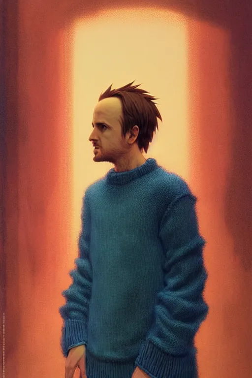 Image similar to portrait of jesse pinkman as sapphire herald in an elegant winter sweater, by makoto shinkai, by akihiko yoshida, by zdzislaw beksinski, by dariusz zawadzki, artbook, tone mapped, deep blues, shiny, soft lighting