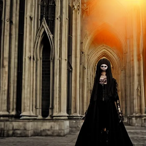 Image similar to gothic girl dressed in black, behind her a gothic cathedral, dramatic lights, dark ambients, the windows of the cathedral are reflecting red flame lights, golden hour, detailed face, intricate ornaments