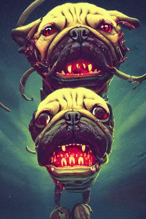 Image similar to demon pug eating flesh. art by mike winkelmann, sticker, illustration, highly detailed,