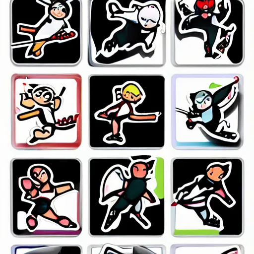 Image similar to sharp lines, illustrated emoti sticker sheet. chibi characters playing sports in animal onesies, white background, clear lines, ready to print, vinyl decal