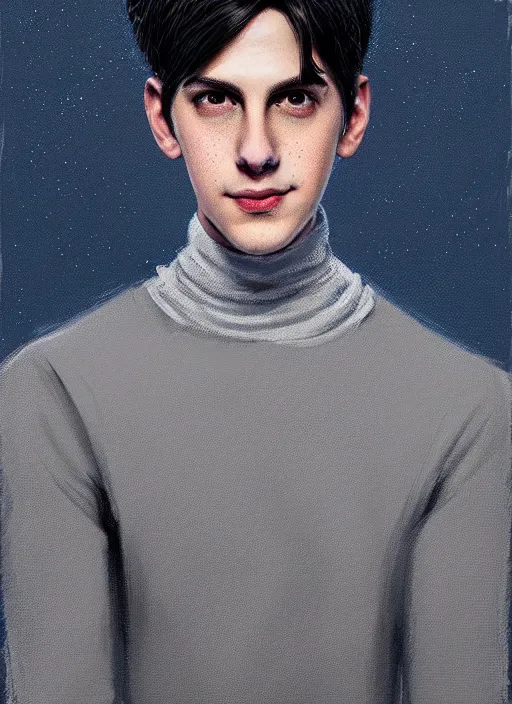 Image similar to portrait of teenage jughead jones wearing a light grey crown, crown, blue turtleneck, closed eyes, photorealistic, black hair, glowing lighting, intricate, elegant, glowing lights, highly detailed, digital painting, artstation, concept art, smooth, sharp focus, illustration, art by wlop, mars ravelo and greg rutkowski