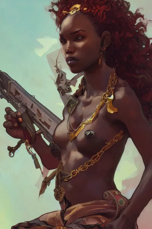 Image similar to heroic image of an african woman space pirate art by artgerm and greg rutkowski and alphonse mucha and Charlie Bowater Trending on artstation, artstationHD, artstationHQ, 4k, 8k