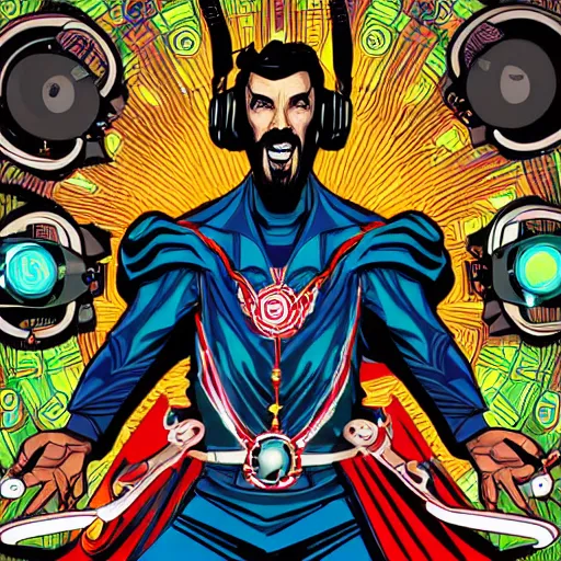 Image similar to artgerm, psychedelic laughing cybertronic dr. strange, rocking out, headphones dj rave, digital artwork, r. crumb, svg vector