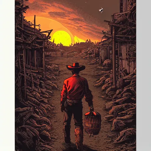 Image similar to cowboy walking into ruined town, nightime, highly detailed, artwork by dan mumford, blood red moon