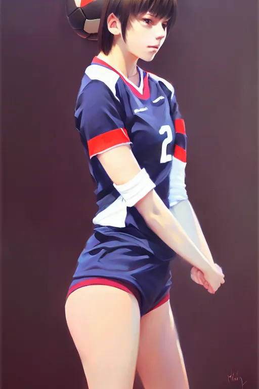 Image similar to A ultradetailed beautiful panting of a stylish woman wearing a volleyball jersey, Oil painting, by Ilya Kuvshinov, Greg Rutkowski and Makoto Shinkai