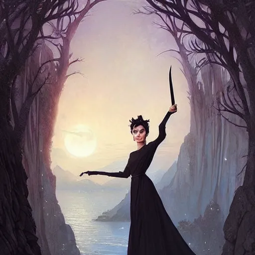 Prompt: audrey hepburn as a witch in an epic fantasy novel, various backgrounds, intricate, elegant, highly detailed, digital painting, artstation, matte, illustration, art by artgerm, greg rutkowski, loish, rhads, ferdinand knab, makoto shinkai, lois van baarle, ilya kuvshinov, rossdraws, tom bagshaw