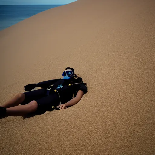 Image similar to a scuba diver sunbathing on a sand dune, bright sunny day, photography, highly detailed, high quality, 8 k, soft lighting,