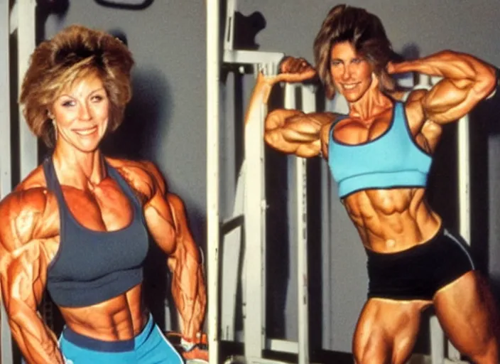 Prompt: Photos from the 80's. A muscular woman is working out in the gym.