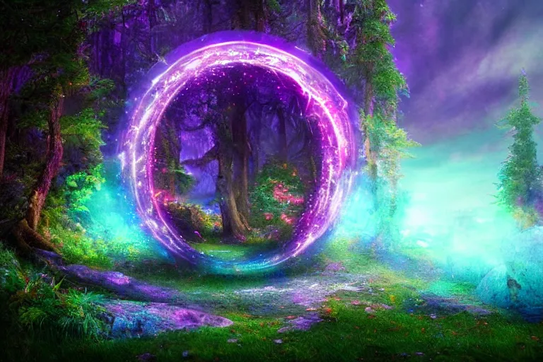 Prompt: a cosmic portal in an enchanted fantasy forest. colorful. cinematic lighting. photorealism.