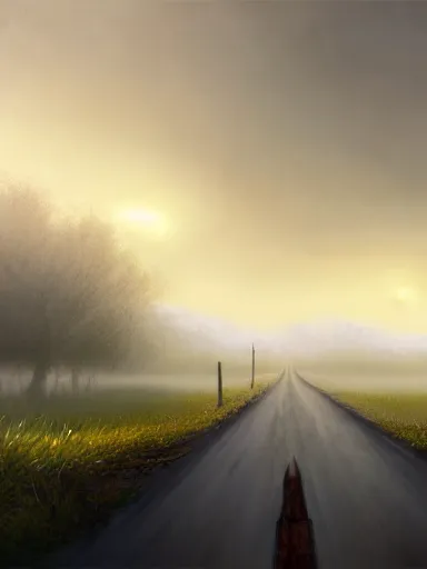 Image similar to rural crossroads fog. intricate, elegant, highly detailed, digital painting, artstation, concept art, sharp focus, illustration, by justin gerard and artgerm, 8 k
