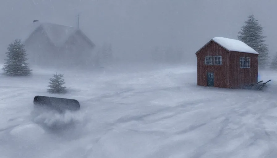 Image similar to A Snowplow!! clearing a beautiful snowy landscape with a small hut in the background. A blizzard and heavy snow falls. Fog and mist, highly detailed, concept art, digital art, 4k, high snow