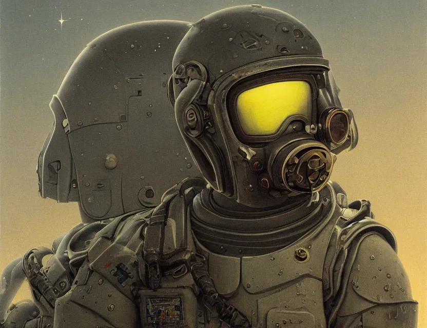 Prompt: a detailed portrait painting of a lone bounty hunter pilot wearing combat armour, gas mask and a reflective visor. Head and chest only. Movie scene, cinematic sci-fi scene. Flight suit, cloth and metal, accurate anatomy. portrait symmetrical and science fiction theme with lightning, aurora lighting. clouds and stars. Futurism by beksinski carl spitzweg moebius and tuomas korpi. baroque elements. baroque element. intricate artwork by caravaggio. Oil painting. Trending on artstation. 8k