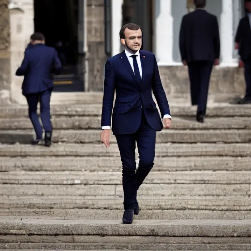 Image similar to 1750 Emmanuel Macron walking, 150mm photography, high quality, 4K