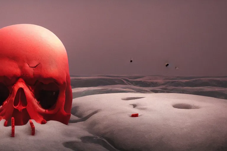 Prompt: a hd render of a floating red skull, surreal frozen landscape, cinematic lighting, by beeple and zdzisław beksinski