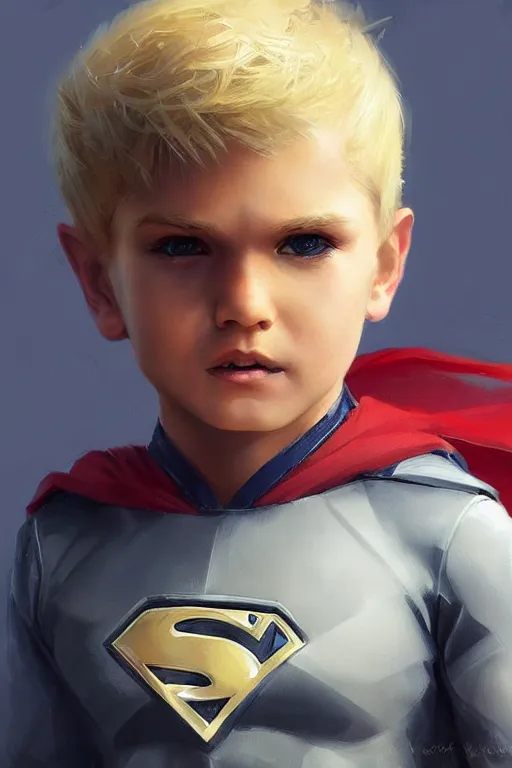 Image similar to a little boy with a michievous face and blonde hair. he is dressed as a superhero. clean elegant painting, beautiful detailed face. by artgerm and greg rutkowski