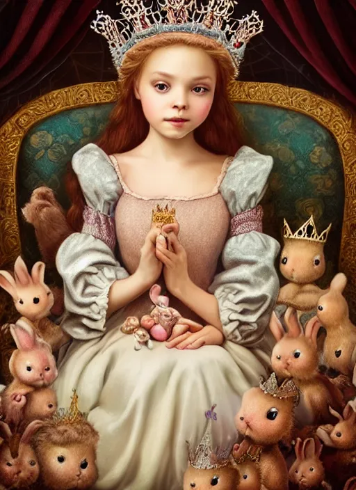 Image similar to highly detailed closeup portrait of a fairytale medieval princess wearing a crown and sitting on a throne, surrounded by cute bunnies, unreal engine, nicoletta ceccoli, mark ryden, earl norem, lostfish, global illumination, god rays, detailed and intricate environment