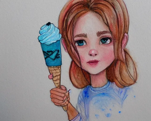 Image similar to a girl with the ice cream watercolor colored pencil painting trending on artstation