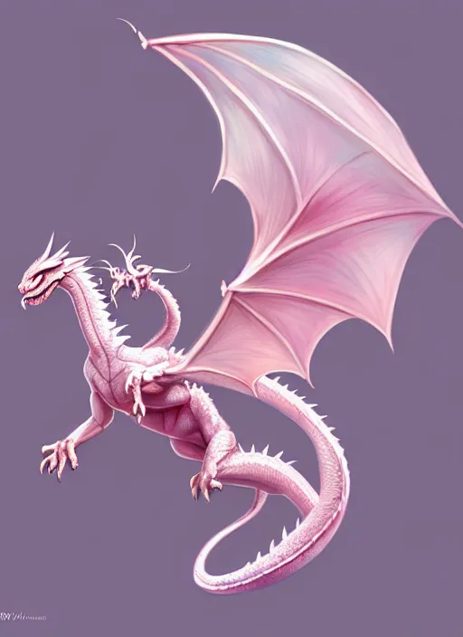 Prompt: cute little flying dragon, non - human, light pink color scheme, highly detailed, artgerm, cushart krenz, artstation, soft light, sharp focus, illustration, character design, concept art