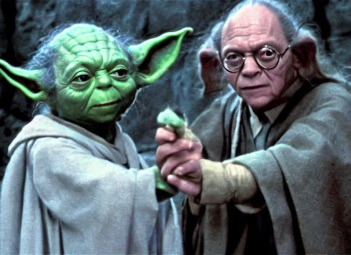 Prompt: a film still of the professors yoda and leia making spells in harry potter