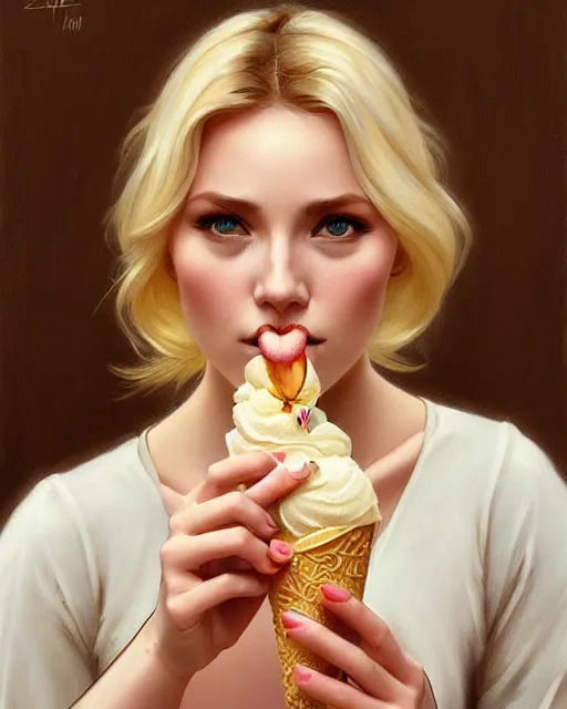 Prompt: Painting of a blonde lady eating an ice cream in Porto,real life skin, intricate, elegant, highly detailed, artstation, concept art, smooth, sharp focus, art by artgerm and greg rutkowski and alphonse mucha