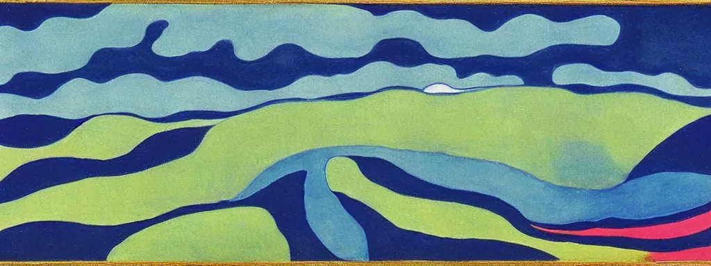 Prompt: Psychedelic sci-fi dreamworld. Landscape painting. Organic. Winding rushing water. Waves. Clouds. Landscape by Milton Avery.