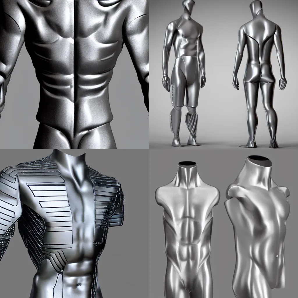 Prompt: male torse made of futuristic panels and brushed steel