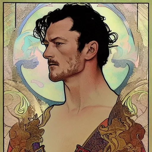 Image similar to luke evans portrait by louis - theophile hingre and alphonse mucha, realistic, sharp focus, zodiac signs, tarot cards, planets, ethereal, art nouveau, magic, moon, sun, crown, dreamy, royal, jewellery