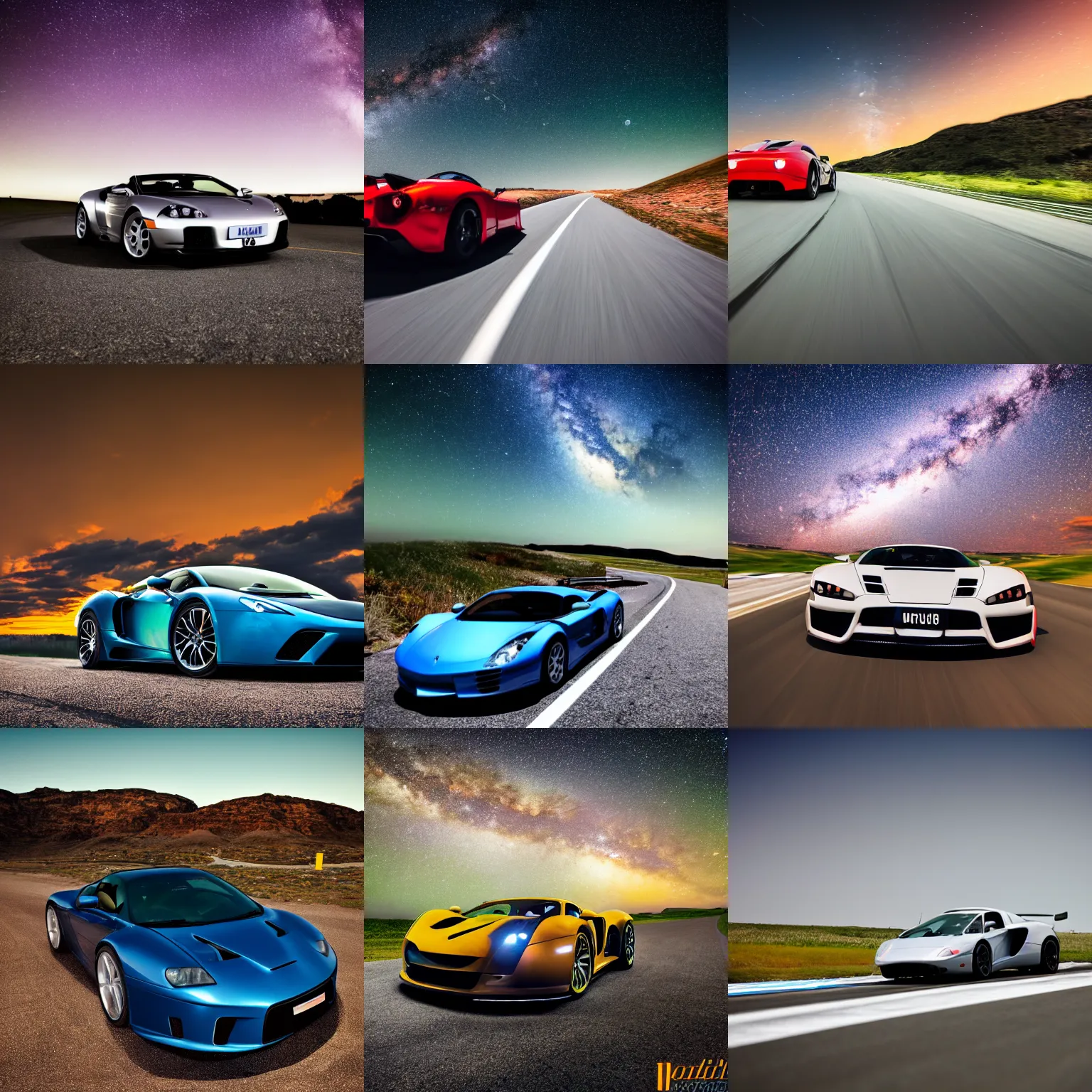 Prompt: professional photography of sport car drive to the Milky Way,