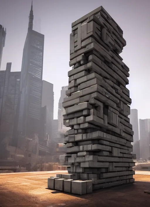 Prompt: A dystopian future in a city made of life-size Jenga blocks, evil, demonic, angelic, environment concept, Rendered in Octane, trending on artstation, cgsociety, moody lighting rendered by octane engine, environment 8K artstation, cinematic lighting, intricate details, 4k detail post processing, hyperealistic, octane render, photo realism