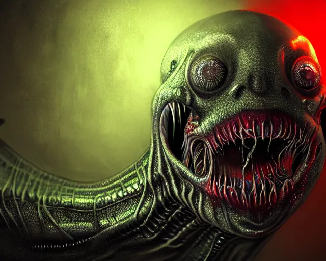 Image similar to sketch of realistic long textured demon wet humanoid alien, smoke, large alien eyes, metallic reflective human teeth dripping greenish acid saliva from teeth, thin red veins, intricate grey fish scales, ornate, cinematic light shadows, reflections, crawling in a wet sewer pipe, dim flashlight lighting, insanely detailed, fisheye lens