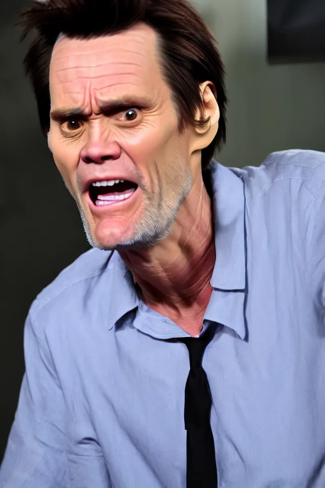 Prompt: terrified jim carrey turning into ice