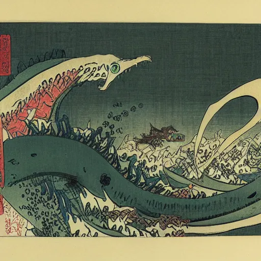 Image similar to A sea of dragons by Utagawa Kuniyoshi, ukiyo-e, nightmare ocean storm