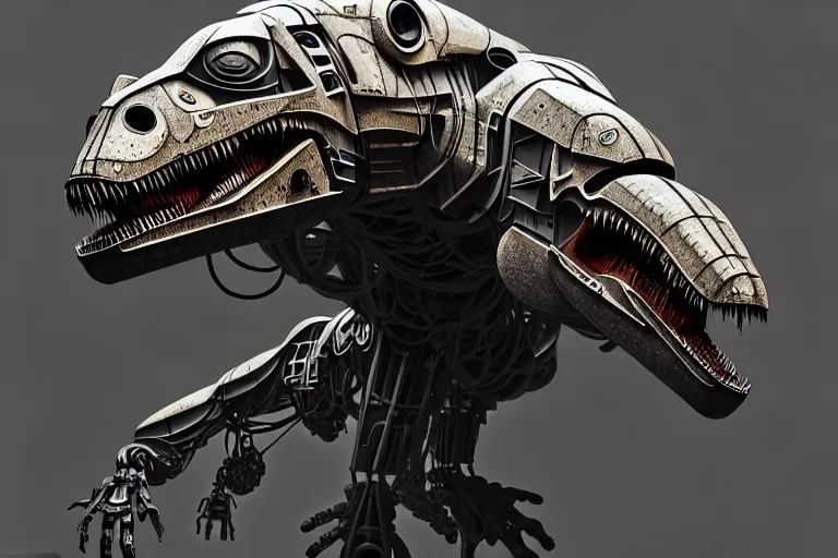 Image similar to trex in a cyborg mech suit, by alexandre ferra, zezhou chen, peter gric, mohamed reda and hr giger, hyper detailed, screen print, character concept art, hyperrealism, coherent, cgsociety, zbrush central, behance hd, hypermaximalist