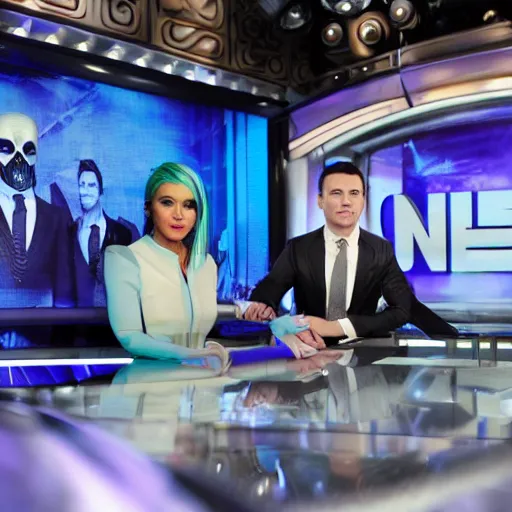 Image similar to the new alien with dapper style hosting on cnn prime time, studio photograph