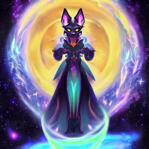 Image similar to a painted avatar portrait of an awesome cosmic powerful humanoid kitsune fox mage themed around life and death and the stars and the cosmos, in the style of dnd beyond avatar portraits, beautiful, artistic, elegant, lens flare, magical, lens flare, nature, realism, stylized, art by jeff easley