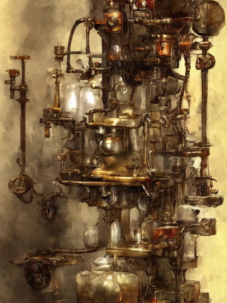 Image similar to ancient coffee machine, by Simon Stalenhaag, by Yoshita Amano, by Esao Andrews, sharp focus, fresh colors, deviantart, conceptart