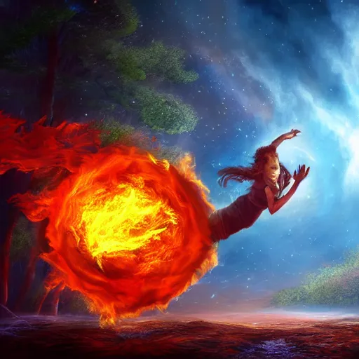 Image similar to novice magician, launches an immense fire ball into the world tree, epic, fantasy, digital art, cataclysmic, inferno, high detail, cinematic, 8 k