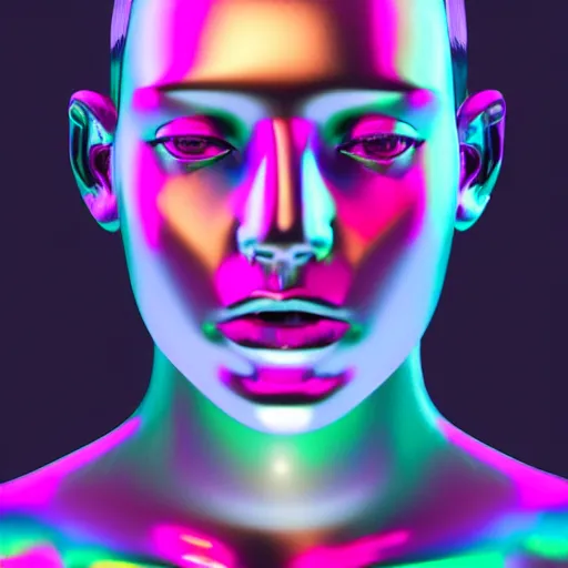 Image similar to 3d render of holographic human robotic head made of glossy iridescent, surrealistic 3d illustration of a human face non-binary, non binary model, 3d model human, cryengine, made of holographic texture, holographic material, holographic rainbow, concept of cyborg and artificial intelligence