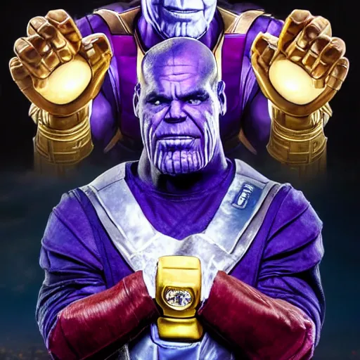 Prompt: nick saban as thanos with the gauntlet and infinity stones, championship rings, alabama, crimson tide, portrait, high detail