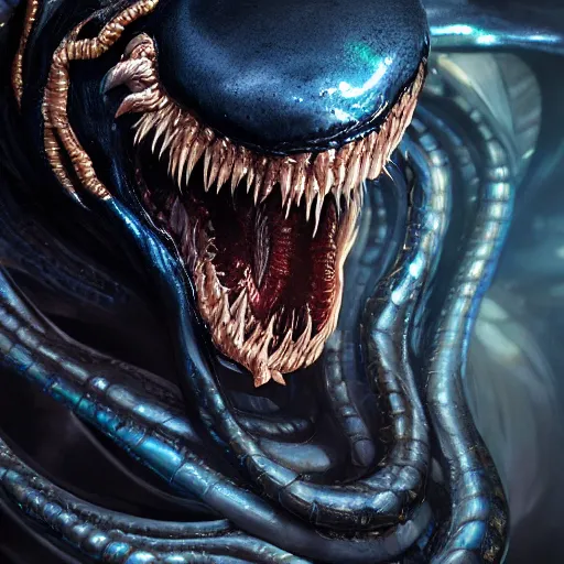 Image similar to portrait of venom, intricate artwork, concept art, octane render, deviantart, cinematic, key art, hyperrealism, iridescent accents, portrait photograph, nikon 3 5 mm, photograph by greg rutkowski