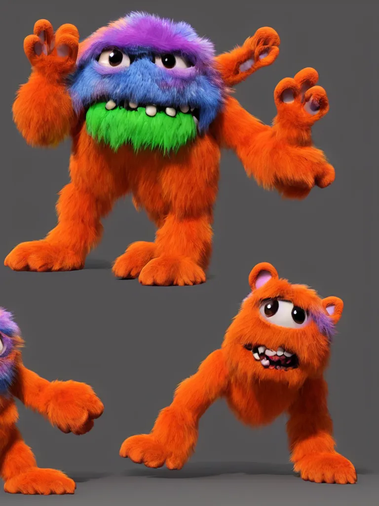 Prompt: smiling colorful furry monster toy each with gloved hands on its arms and boots on its feet and two big round eyes, 3D model unreal engine highly detailed rendered in pixar renderman