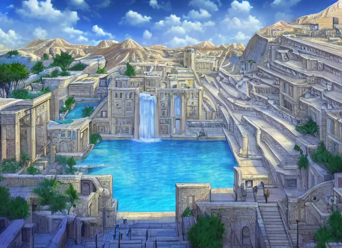 Image similar to A wide open courtyard in an epic, colorful city in ancient Egypt, anime, pyramids, sakura season, at Pamukkale, thermal waters flowing down white and gold travertine terraces, intricate, elegant, luxurious, hint of royal blue, digital painting, concept art, smooth, sharp focus, from Star Trek 2021, illustration, by WLOP and Ruan Jia and Mandy Jurgens and William-Adolphe Bouguereau, Artgerm