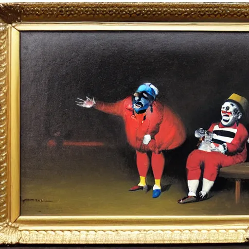 Image similar to an oil painting of a clown watching soccer, goya, dark,