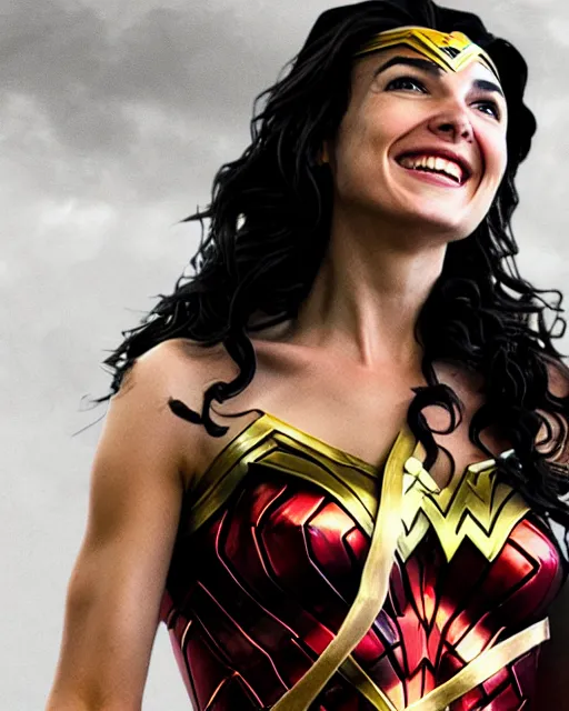 Prompt: gal gadot as she crinkles her nose while laughing, dressed as wonder woman, photorealistic, hdr, color, hyperreal