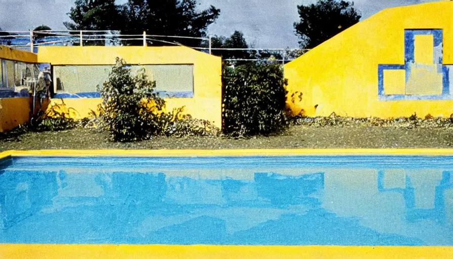 Image similar to 1 9 6 0 s movie still of an empty blue and yellow tiles swimmingpool, low quality, liminal space style