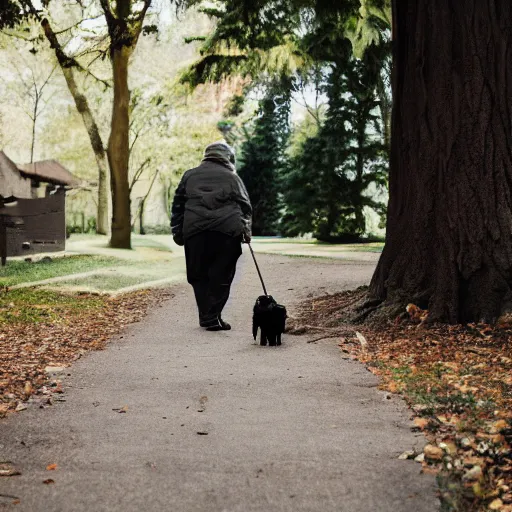 Prompt: elderly man walking a terrifying and evil creature, leash, park, canon eos r 3, f / 1. 4, iso 2 0 0, 1 / 1 6 0 s, 8 k, raw, unedited, symmetrical balance, wide angle