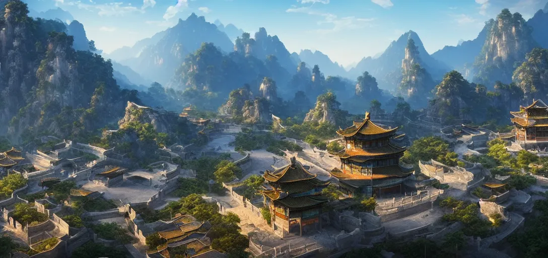 Image similar to epic view of beautiful ancient chinese city, clear blue skies, mountains and hills in the far background distance, unreal engine, dramatic lighting, detailed, ambient occlusion, global illumination, god rays, 3 d artstation render by greg rutowski and jessica rossier