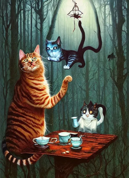 Image similar to cat having tea with a witch in the woods gorgeous lighting, lush forest foliage blue sky a hyper realistic painting by chiara bautista and beksinski and norman rockwell and greg rutkowski weta studio, and lucasfilm