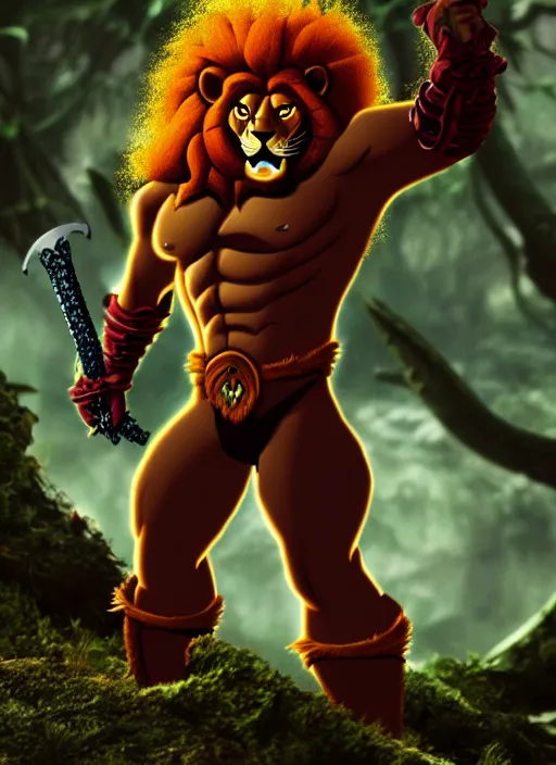 Image similar to intricate Lion-O from Thundercats, with sword, on the background of a weird magical mechanical forest. Very detailed 8k. Fantasy. Sharp. Cinematic post-processing